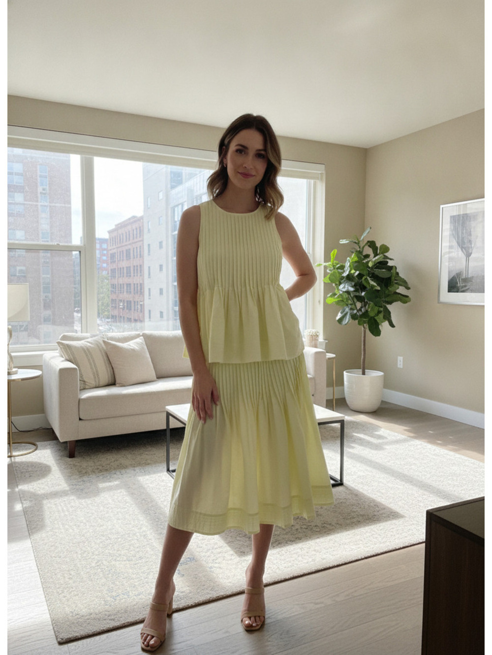 Free Assembly 2-Piece Pleated Sleeveless Crew Top & Knee-Length Skirt Yellow S